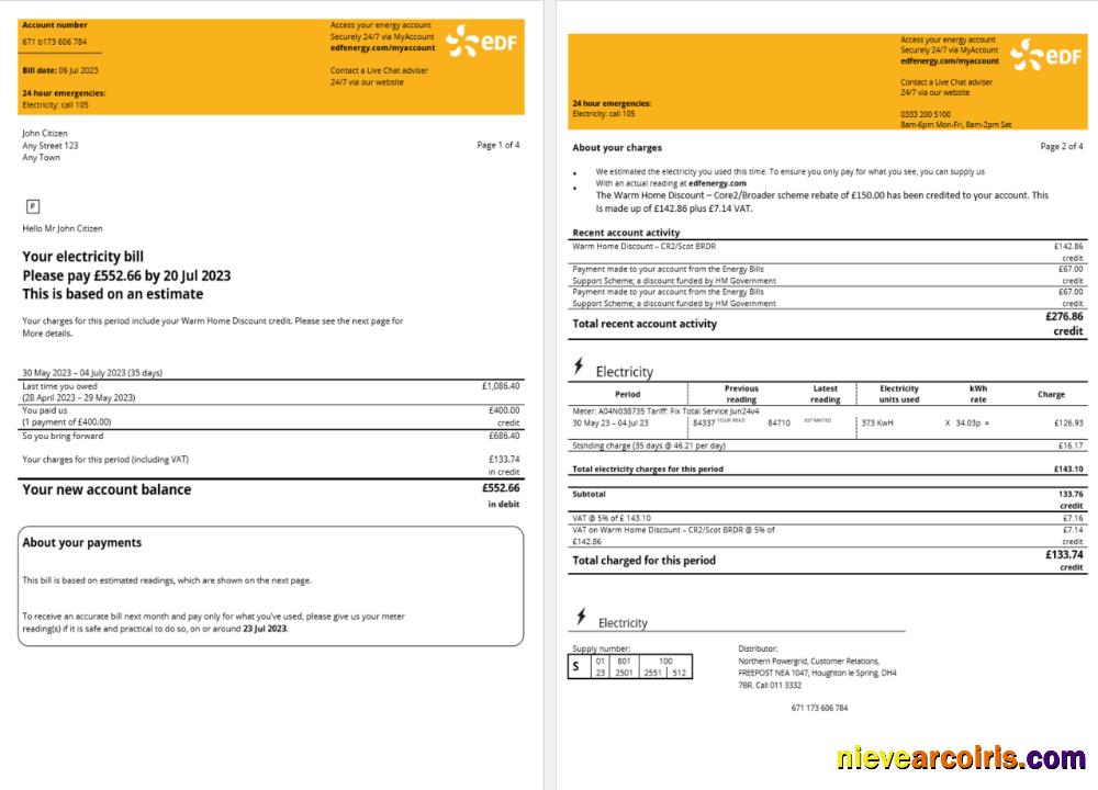 France EDF Energy utility bill, 4 pages 1 2